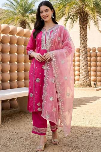 Women Ethnic Motifs Embroidered Regular Thread Work Kurta with Trousers & With Dupatta