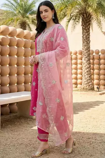 Women Ethnic Motifs Embroidered Regular Thread Work Kurta with Trousers & With Dupatta