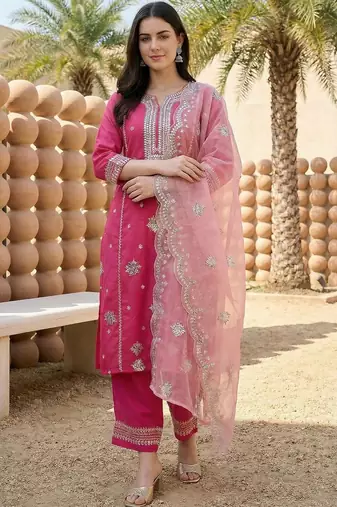 Women Ethnic Motifs Embroidered Regular Thread Work Kurta with Trousers & With Dupatta