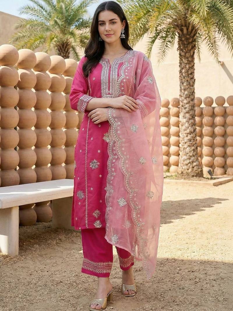 Women Ethnic Motifs Embroidered Regular Thread Work Kurta with Trousers & With Dupatta