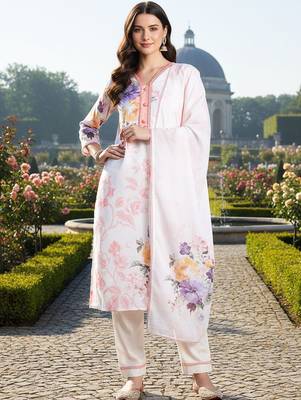 Women Floral Printed Regular Linen Kurta with Trousers & With Dupatta 1