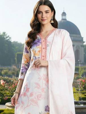 Women Floral Printed Regular Linen Kurta with Trousers & With Dupatta 2