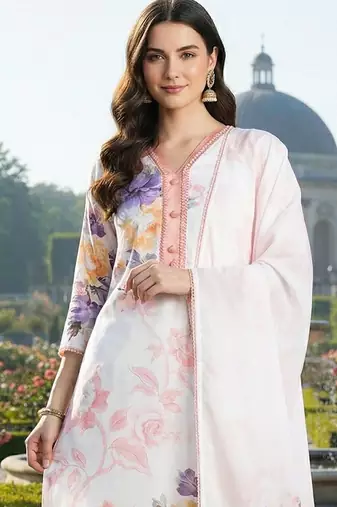 Women Floral Printed Regular Linen Kurta with Trousers & With Dupatta