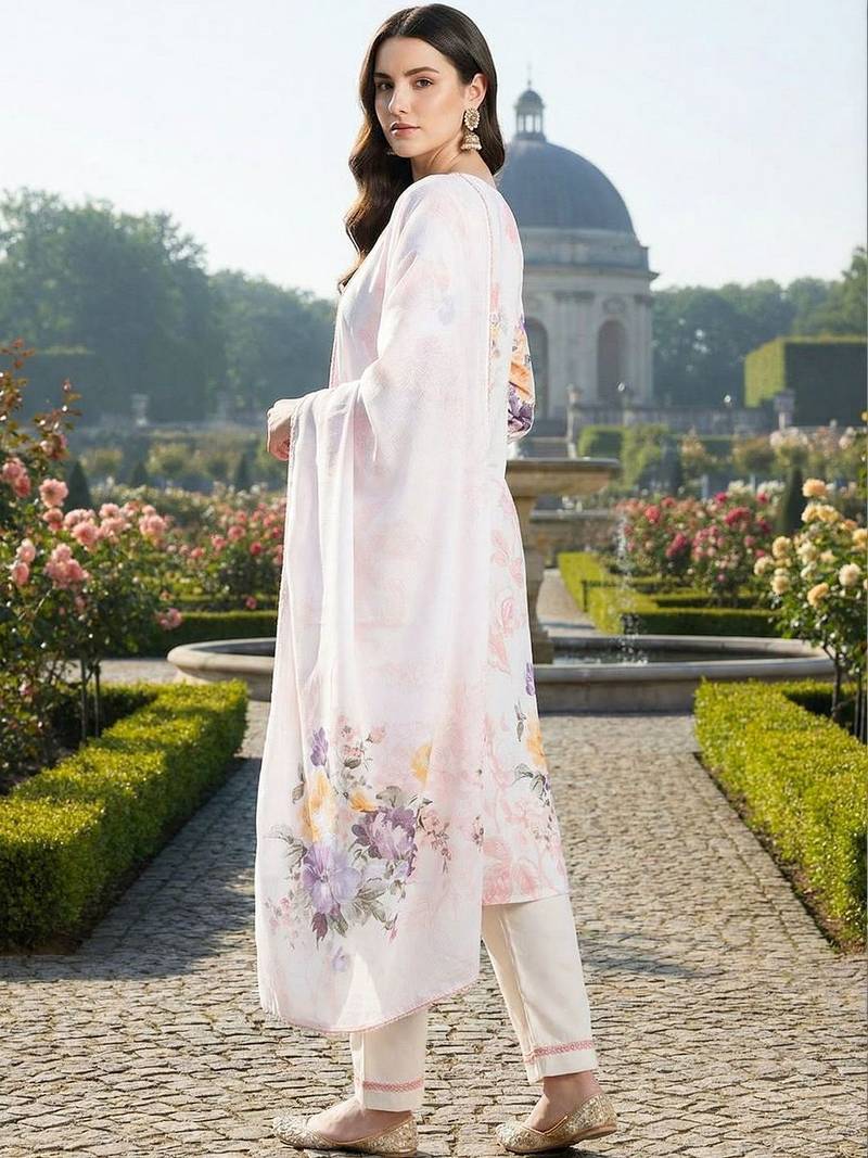 Women Floral Printed Regular Linen Kurta with Trousers & With Dupatta