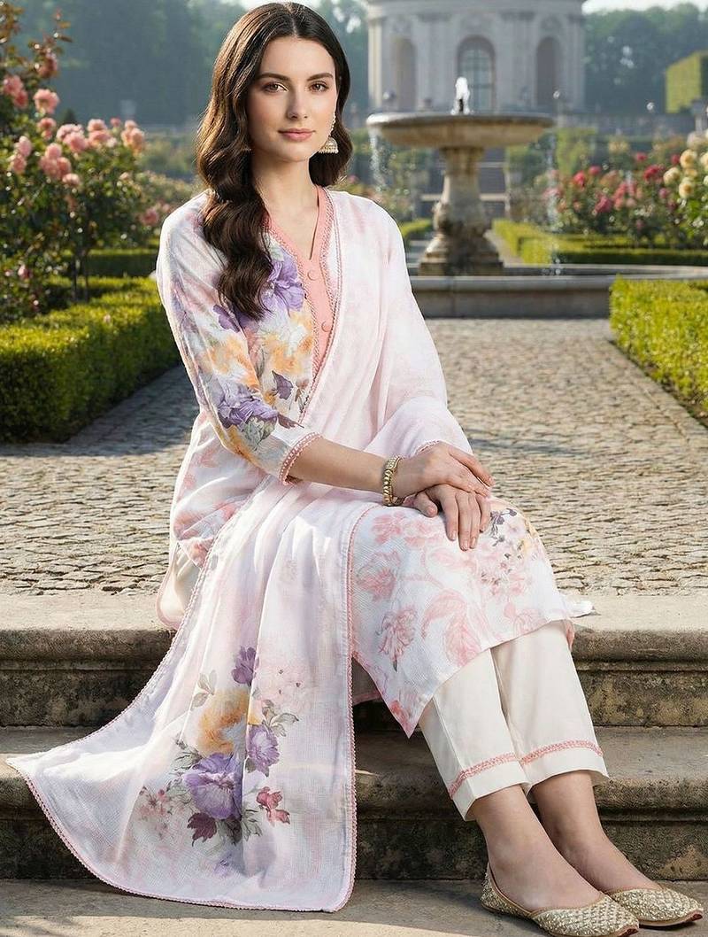 Women Floral Printed Regular Linen Kurta with Trousers & With Dupatta