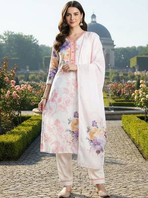 Women Floral Printed Regular Linen Kurta with Trousers & With Dupatta 5