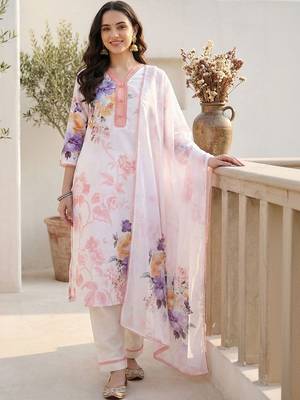 Women Floral Printed Regular Beads and Stones Linen Kurta with Trousers & With Dupatta 1
