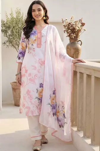 Women Floral Printed Regular Beads and Stones Linen Kurta with Trousers & With Dupatta