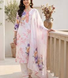 Women Floral Printed Regular Beads and Stones Linen Kurta with Trousers & With Dupatta