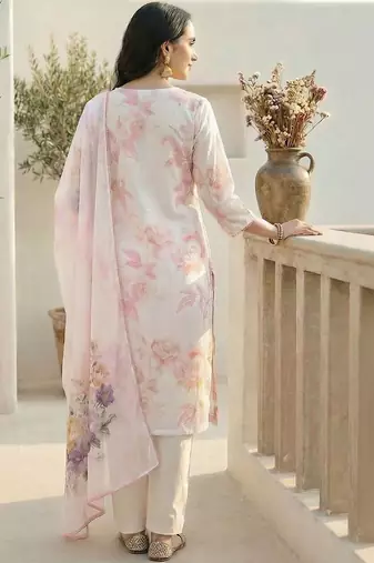 Women Floral Printed Regular Beads and Stones Linen Kurta with Trousers & With Dupatta