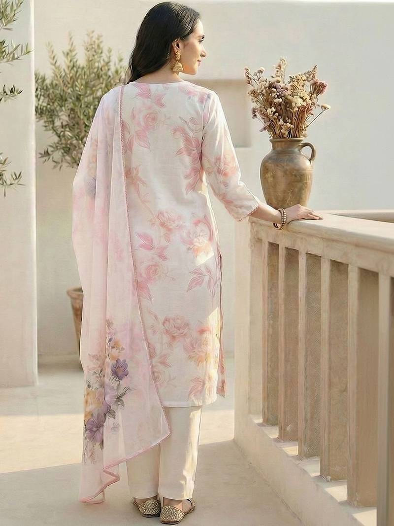 Women Floral Printed Regular Beads and Stones Linen Kurta with Trousers & With Dupatta