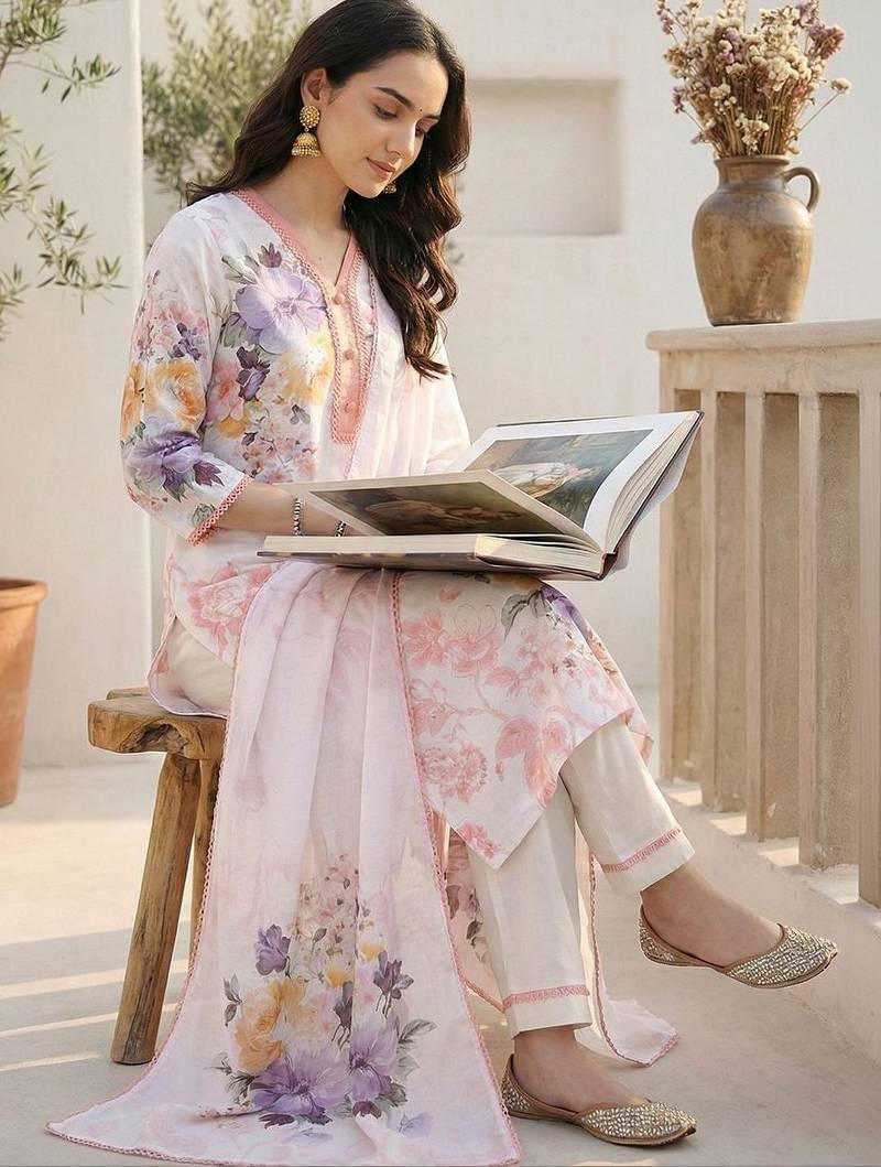 Women Floral Printed Regular Beads and Stones Linen Kurta with Trousers & With Dupatta