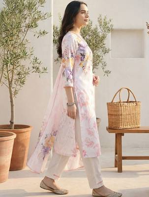 Women Floral Printed Regular Beads and Stones Linen Kurta with Trousers & With Dupatta 6