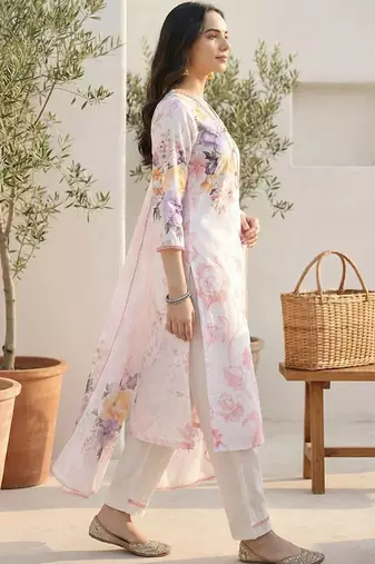 Women Floral Printed Regular Beads and Stones Linen Kurta with Trousers & With Dupatta