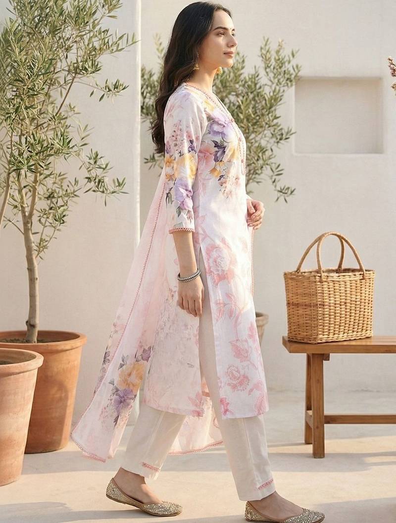 Women Floral Printed Regular Beads and Stones Linen Kurta with Trousers & With Dupatta