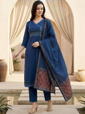 Women Ethnic Motifs Regular Thread Work Pure Cotton Kurta with Trousers & With Dupatta 1