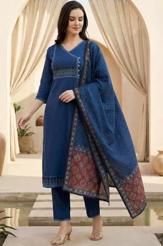 Women Ethnic Motifs Regular Thread Work Pure Cotton Kurta with Trousers & With Dupatta