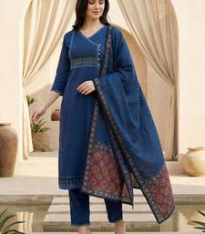 Women Ethnic Motifs Regular Thread Work  Cotton Kurta with Trousers & With Dupatta