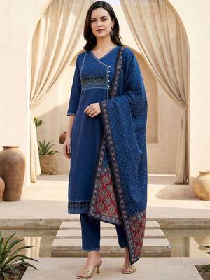 Women Ethnic Motifs Regular Thread Work Pure Cotton Kurta with Trousers & With Dupatta 2