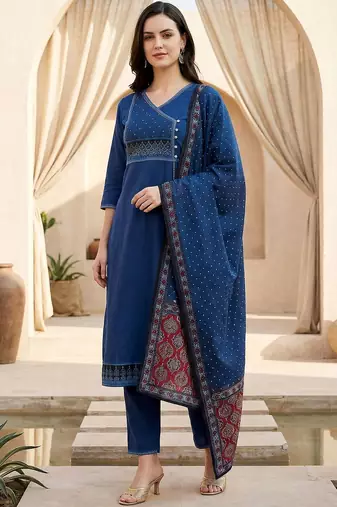 Women Ethnic Motifs Regular Thread Work Pure Cotton Kurta with Trousers & With Dupatta
