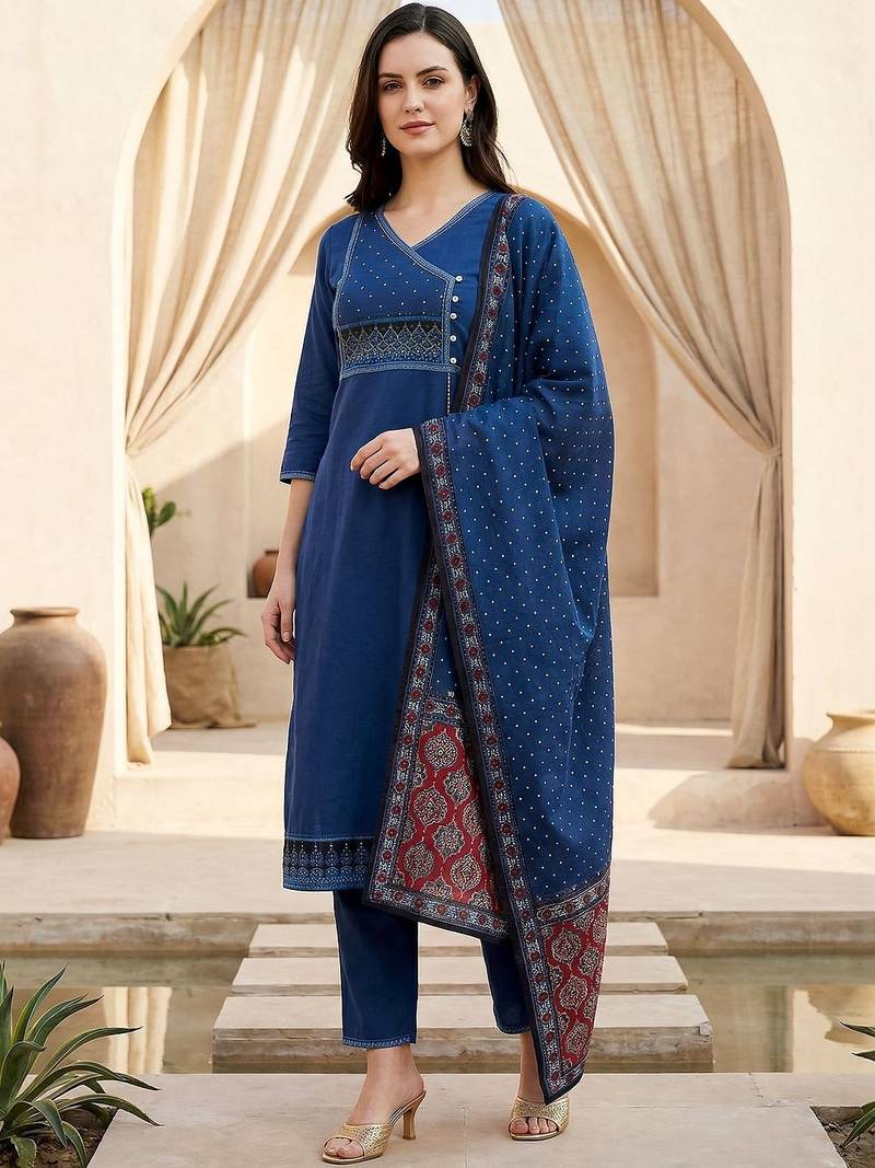 Women Ethnic Motifs Regular Thread Work Pure Cotton Kurta with Trousers & With Dupatta