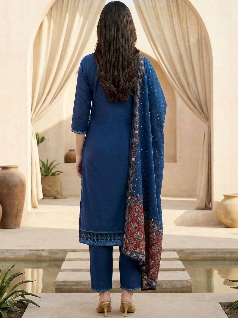 Women Ethnic Motifs Regular Thread Work Pure Cotton Kurta with Trousers & With Dupatta