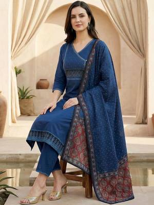 Women Ethnic Motifs Regular Thread Work Pure Cotton Kurta with Trousers & With Dupatta 4
