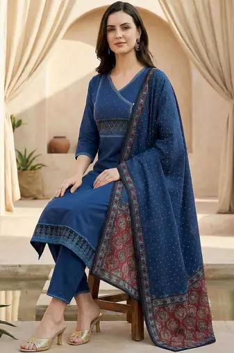 Women Ethnic Motifs Regular Thread Work Pure Cotton Kurta with Trousers & With Dupatta