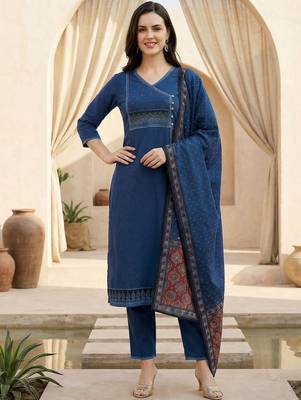 Women Ethnic Motifs Regular Thread Work Pure Cotton Kurta with Trousers & With Dupatta 5
