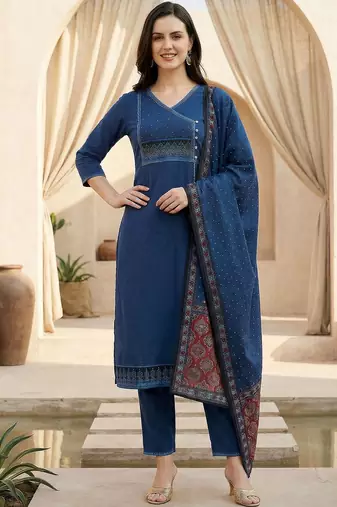 Women Ethnic Motifs Regular Thread Work Pure Cotton Kurta with Trousers & With Dupatta
