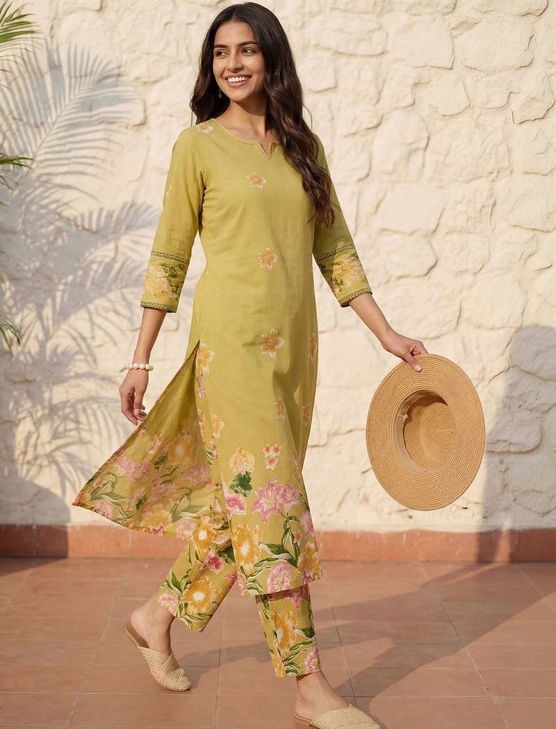 Women Floral Printed Regular Pure Cotton Kurta with Trousers