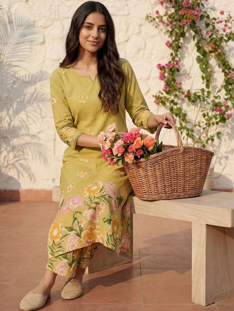 Women Floral Printed Regular Pure Cotton Kurta with Trousers