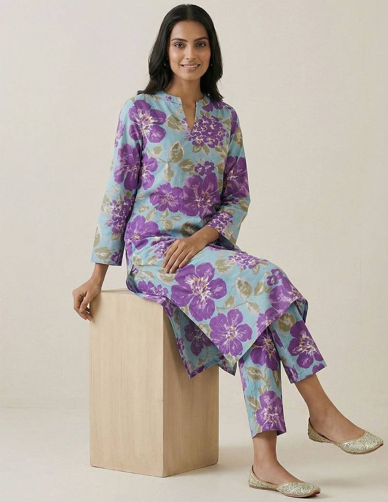 Women Floral Printed Regular Pure Cotton Kurta with Trousers
