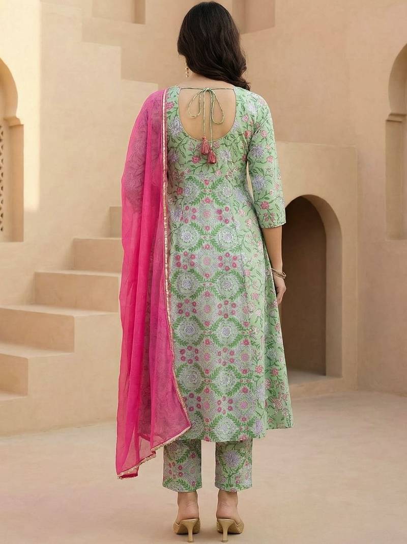 Women Floral Printed Regular Pure Cotton Kurta with Trousers & With Dupatta