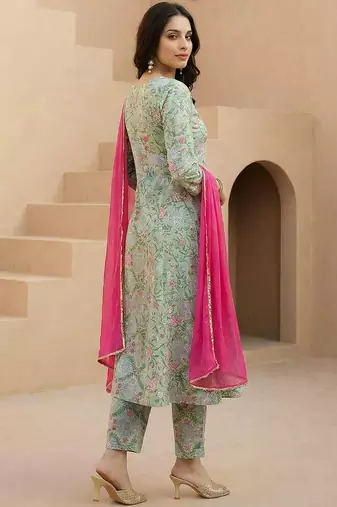 Women Floral Printed Regular Pure Cotton Kurta with Trousers & With Dupatta