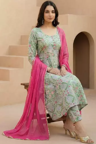 Women Floral Printed Regular Pure Cotton Kurta with Trousers & With Dupatta