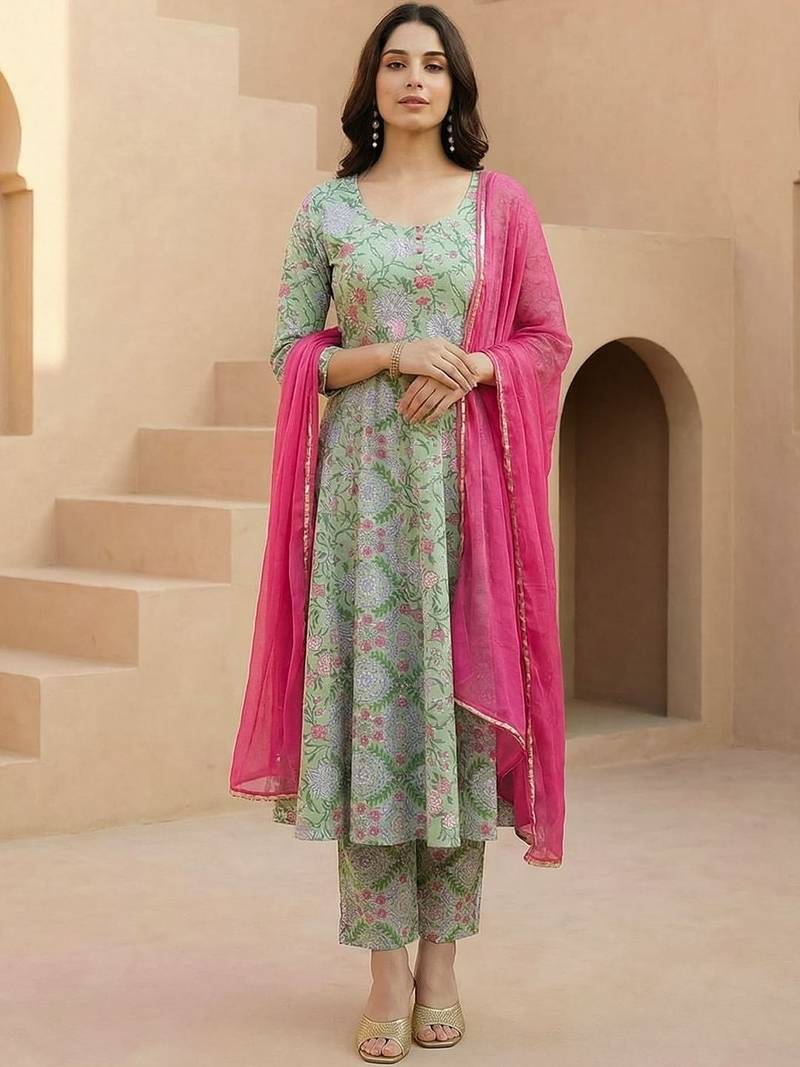 Women Floral Printed Regular Pure Cotton Kurta with Trousers & With Dupatta