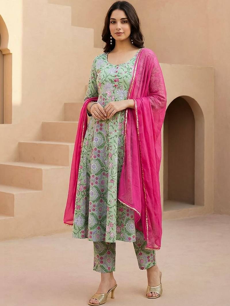 Women Floral Printed Regular Pure Cotton Kurta with Trousers & With Dupatta
