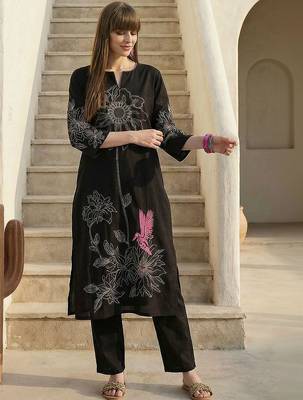 Women Animal Embroidered Regular Thread Work Pure Cotton Kurta with Trousers 1