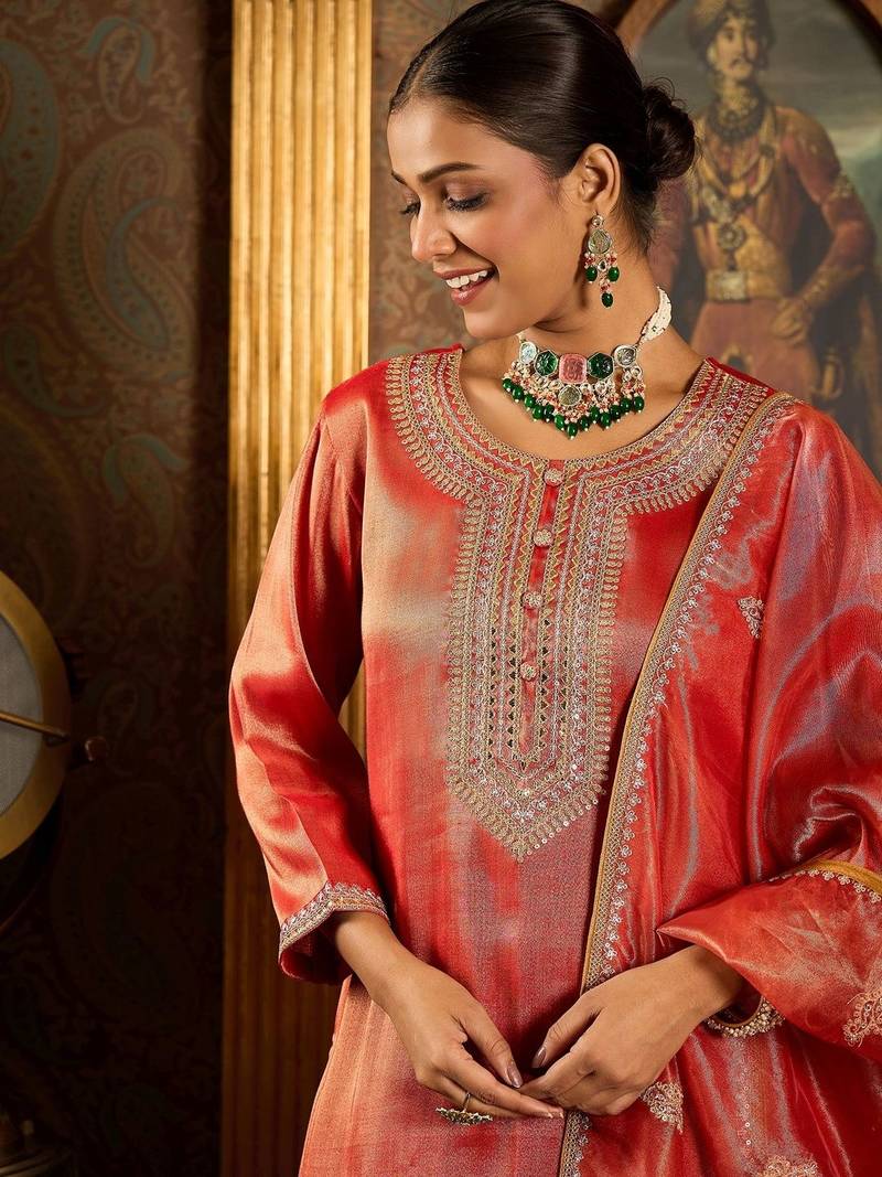 Women Ethnic Motifs Embroidered Regular Sequinned Liva Kurta with Trousers & With Dupatta