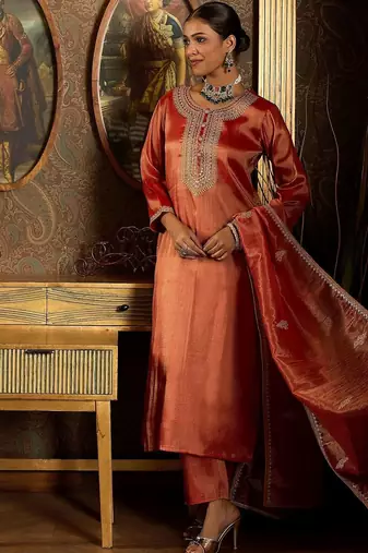 Women Ethnic Motifs Embroidered Regular Sequinned Liva Kurta with Trousers & With Dupatta