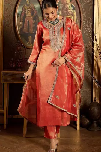Women Ethnic Motifs Embroidered Regular Sequinned Liva Kurta with Trousers & With Dupatta