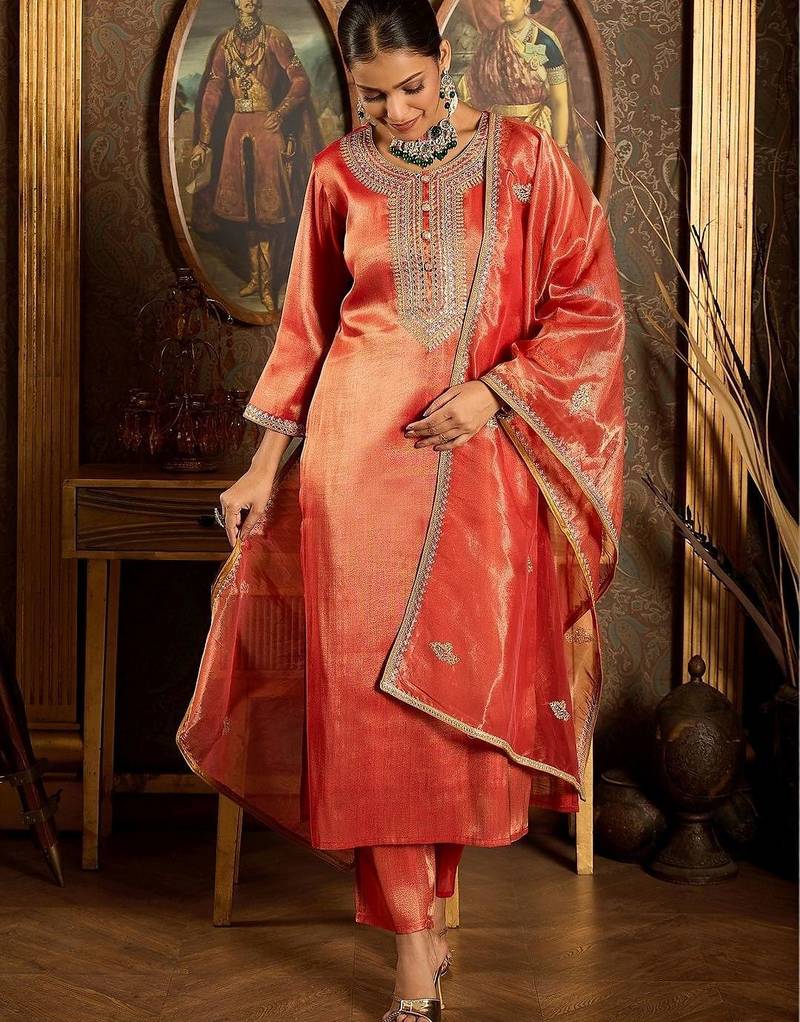 Women Ethnic Motifs Embroidered Regular Sequinned Liva Kurta with Trousers & With Dupatta