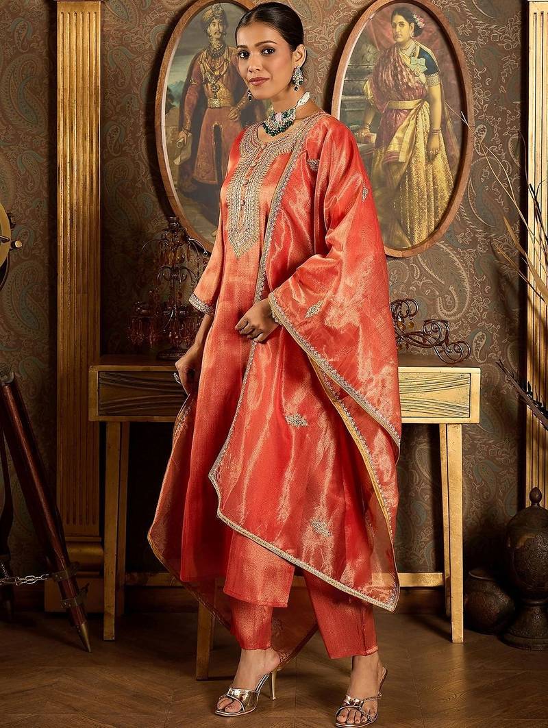 Women Ethnic Motifs Embroidered Regular Sequinned Liva Kurta with Trousers & With Dupatta