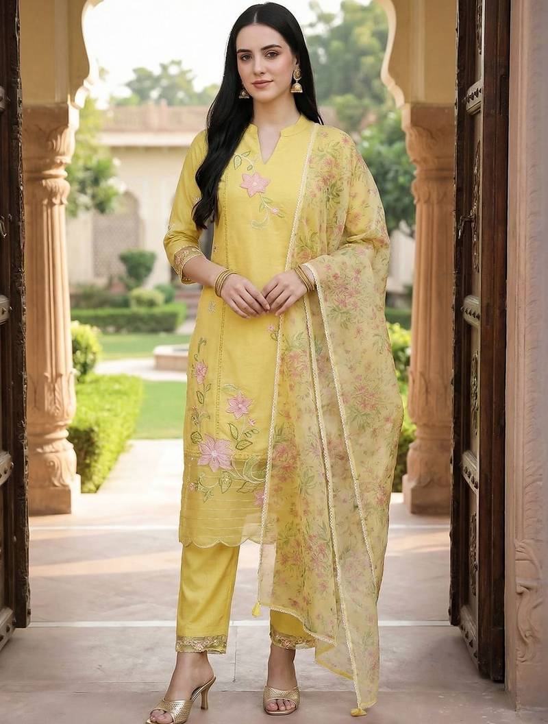 Women Floral Embroidered Regular Thread Work Kurta with Trousers & With Dupatta
