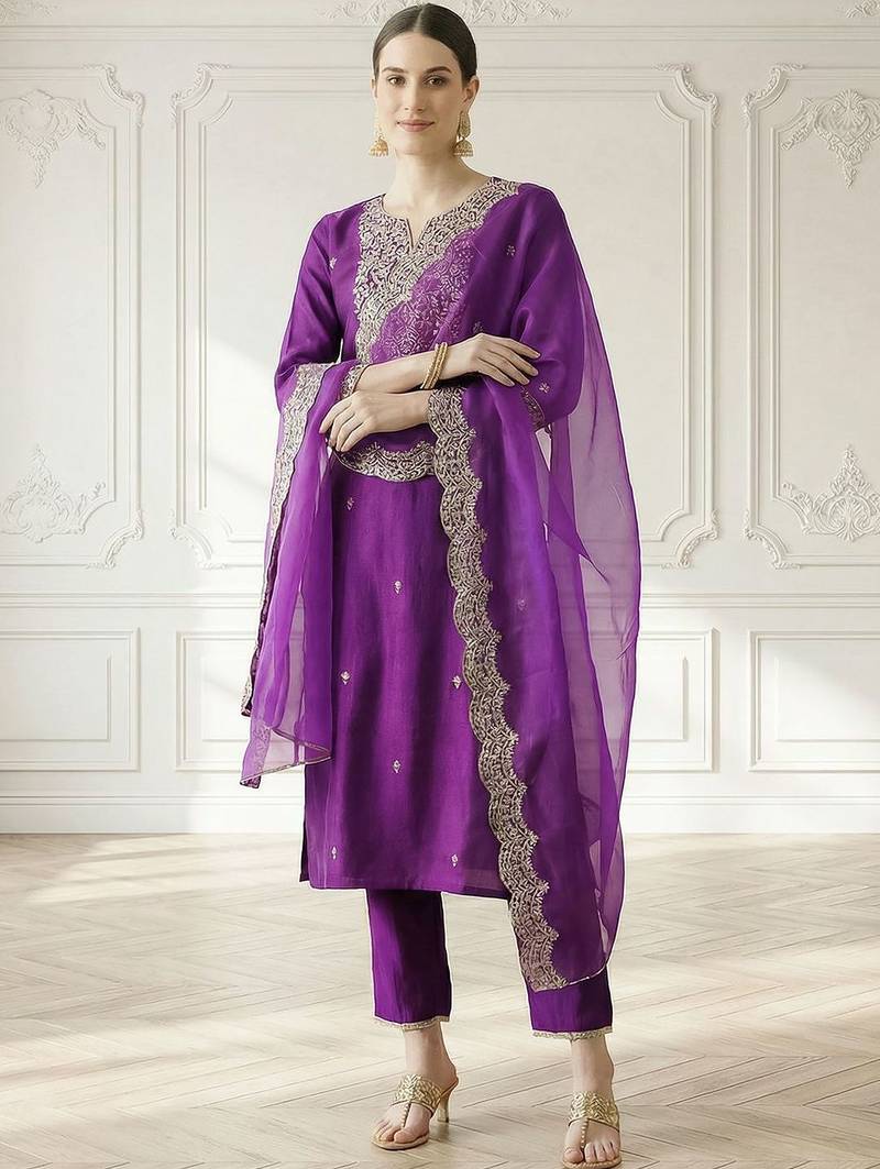 Women Floral Embroidered Regular Thread Work Liva Kurta with Trousers & With Dupatta