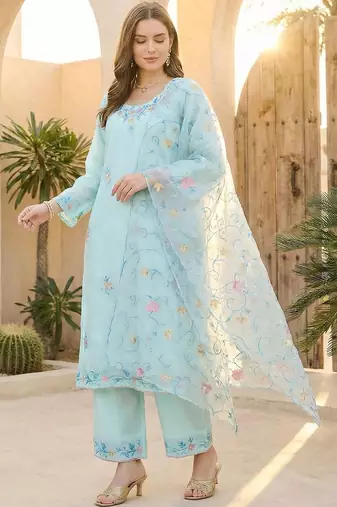 Women Floral Embroidered Regular Thread Work Kurta with Palazzos & With Dupatta