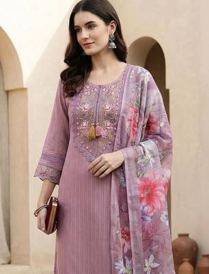 Women Floral Embroidered Regular Thread Work Linen Kurta with Trousers & With Dupatta 2