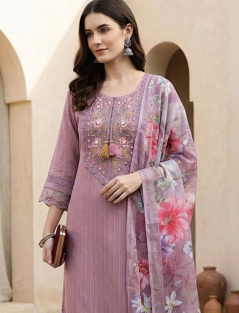 Women Floral Embroidered Regular Thread Work Linen Kurta with Trousers & With Dupatta