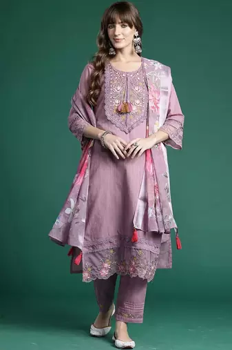 Women Floral Embroidered Regular Thread Work Linen Kurta with Trousers & With Dupatta